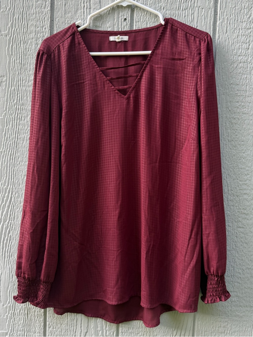 Maurices Burgundy V-Neck Long Sleeve Blouse with Ladder Detail
